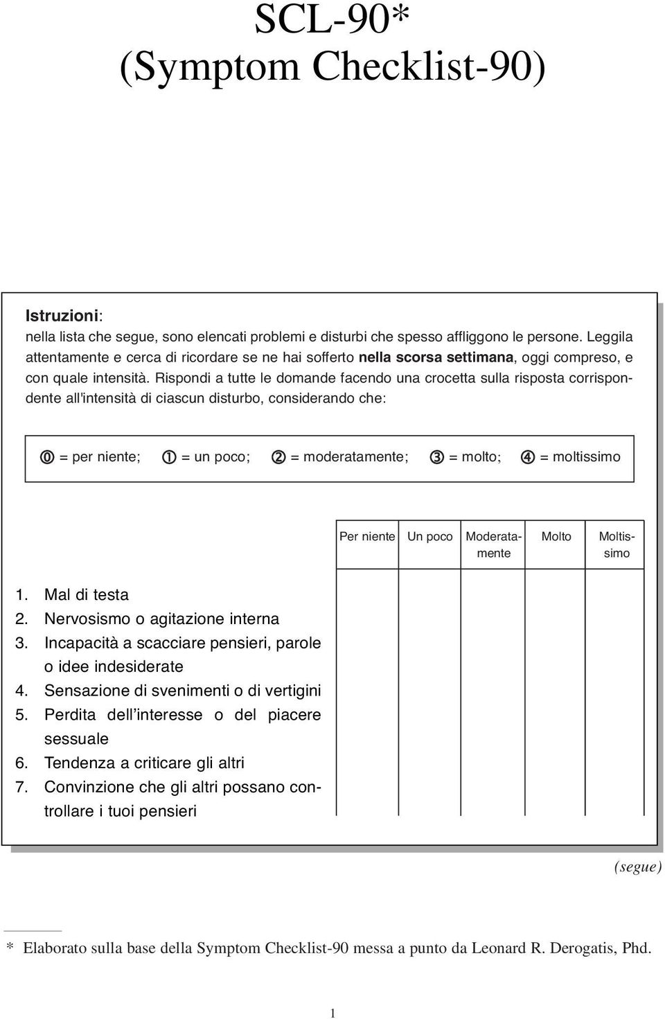 Rispondi a tutte le domande facendo una crocetta sulla risposta corrispondente all'intensità di ciascun disturbo, considerando che: 0 = per niente; 1 = un poco; 2 = moderatamente; 3 = molto; 4 =