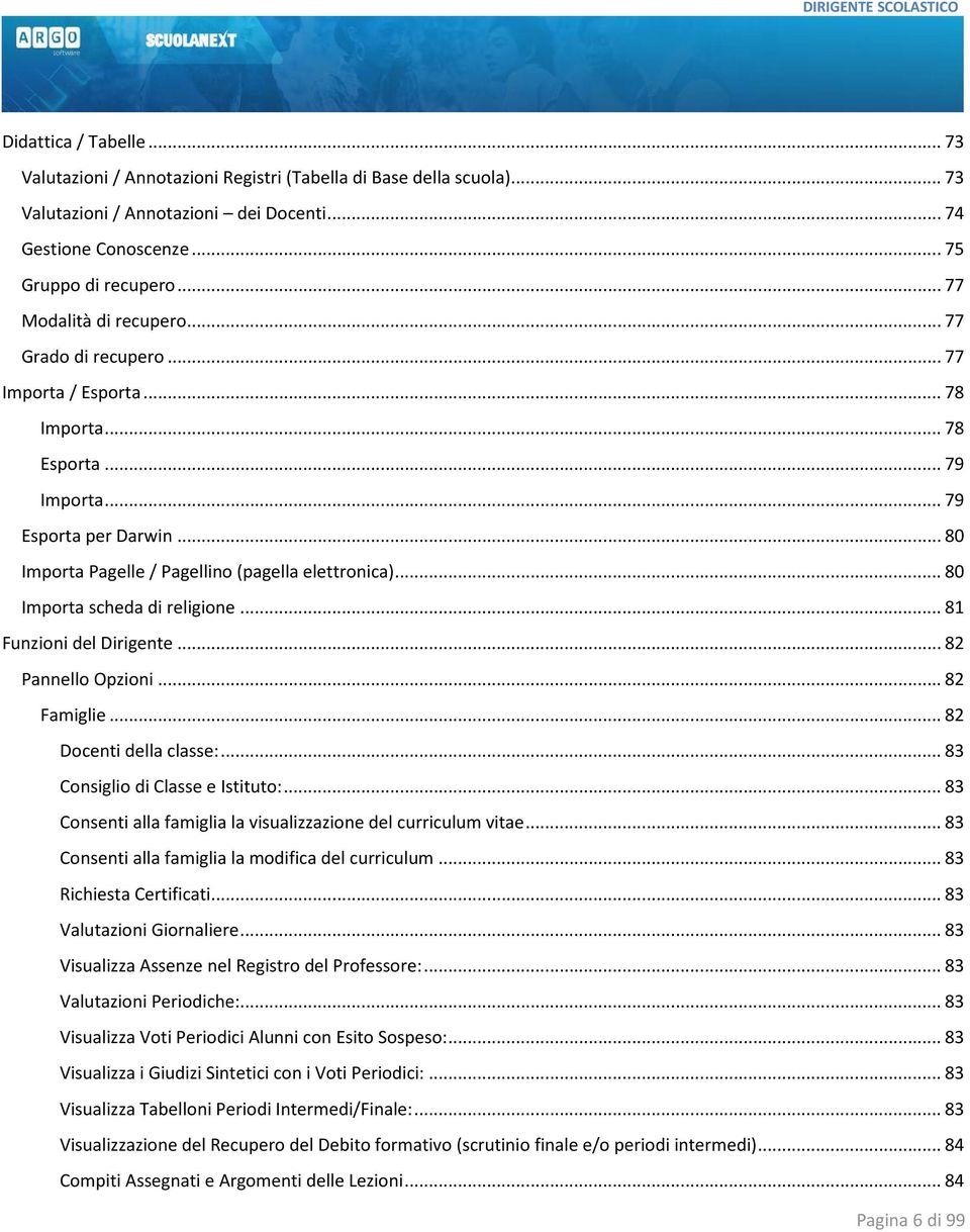 .. 80 Importa scheda di religione... 81 Funzioni del Dirigente... 82 Pannello Opzioni... 82 Famiglie... 82 Docenti della classe:... 83 Consiglio di Classe e Istituto:.