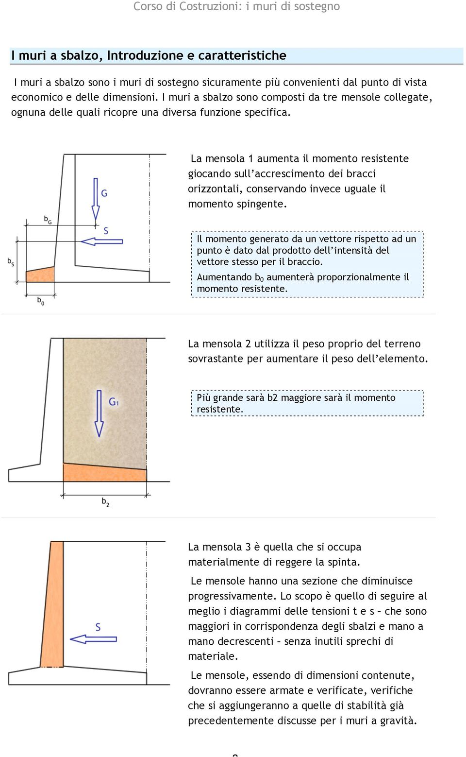 La mensola 1 aumenta il momento resistente giocando sull accrescimento dei bracci orizzontali, conservando invece uguale il momento spingente.