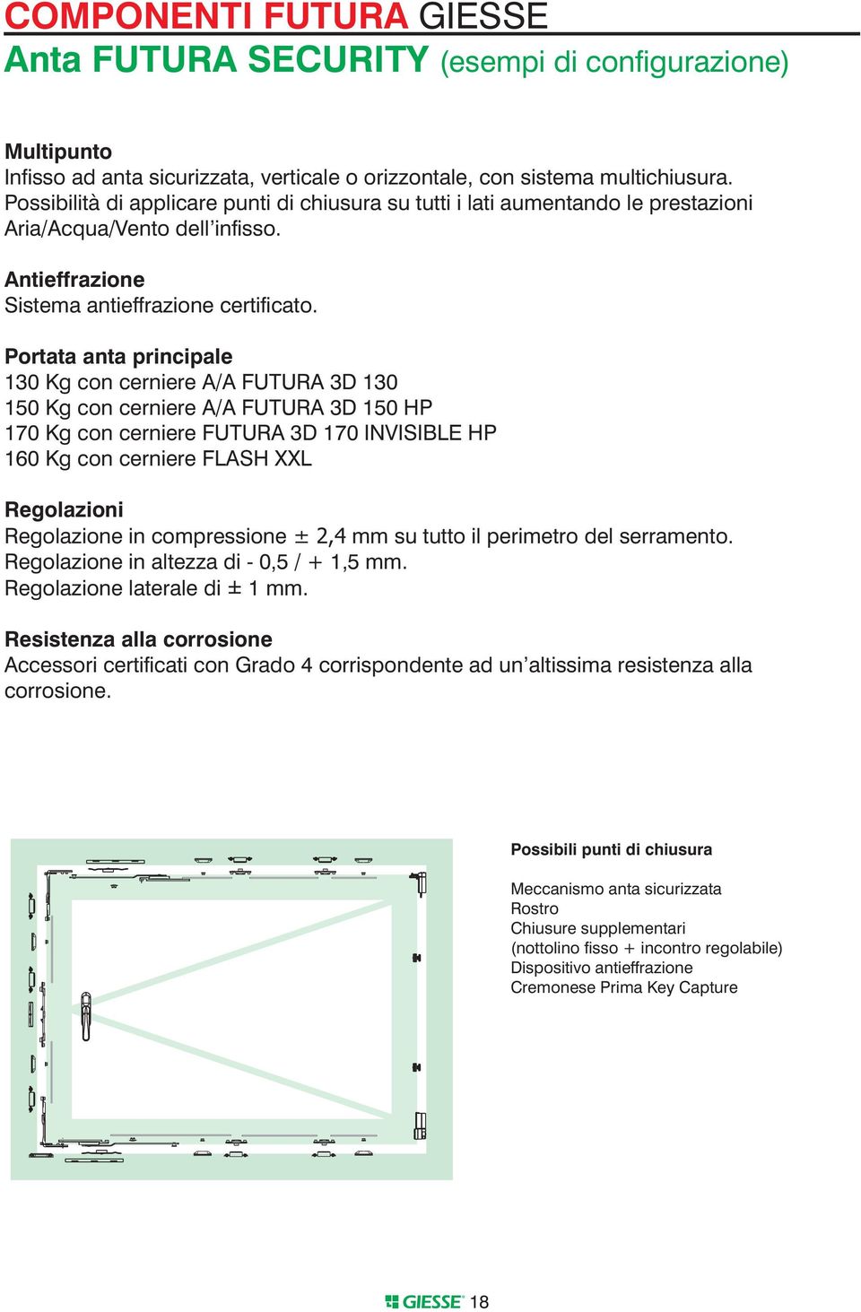 Portata anta principale 130 Kg con cerniere A/A FUTURA 3D 130 150 Kg con cerniere A/A FUTURA 3D 150 HP 170 Kg con cerniere FUTURA 3D 170 INVISIBLE HP 160 Kg con cerniere FLASH L Regolazioni