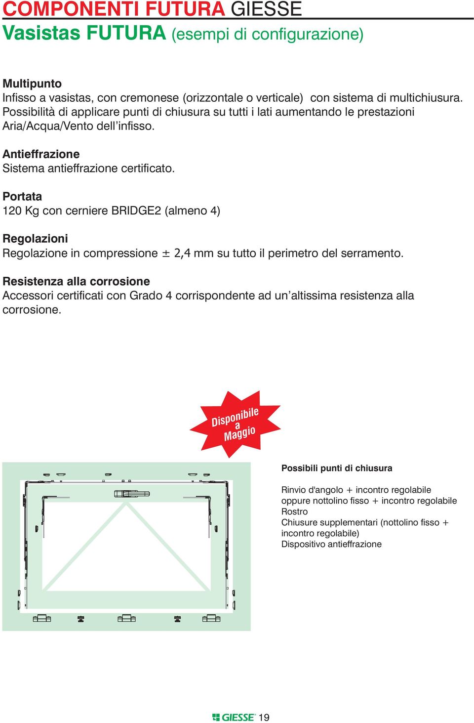 Portata 120 Kg con cerniere BRIDGE2 (almeno 4) Regolazioni Regolazione in compressione ± 2,4 mm su tutto il perimetro del serramento.