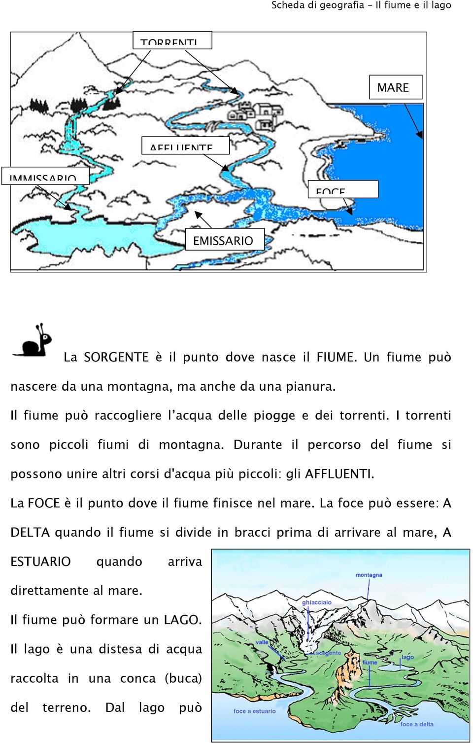 Durante il percorso del fiume si possono unire altri corsi d'acqua più piccoli: gli ALUENTI. La OCE è il punto dove il fiume finisce nel mare.