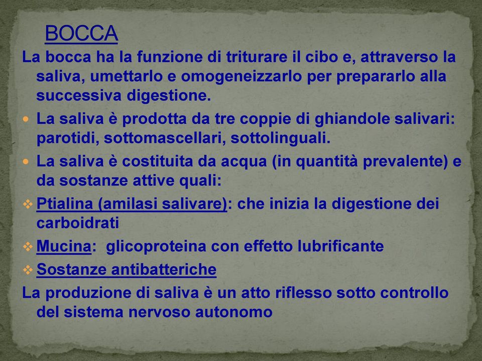 La saliva è costituita da acqua (in quantità prevalente) e da sostanze attive quali: Ptialina (amilasi salivare): che inizia la digestione