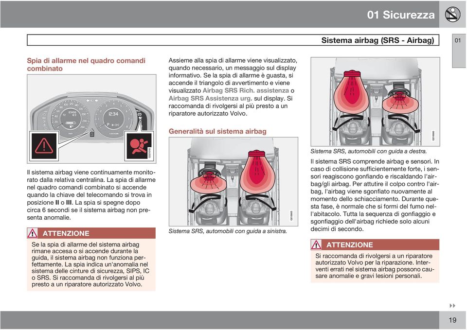Si raccomanda di rivolgersi al più presto a un riparatore autorizzato Volvo. 0 1 o Generalità sul sistema airbag G018666 Il sistema airbag viene continuamente monitorato dalla relativa centralina.