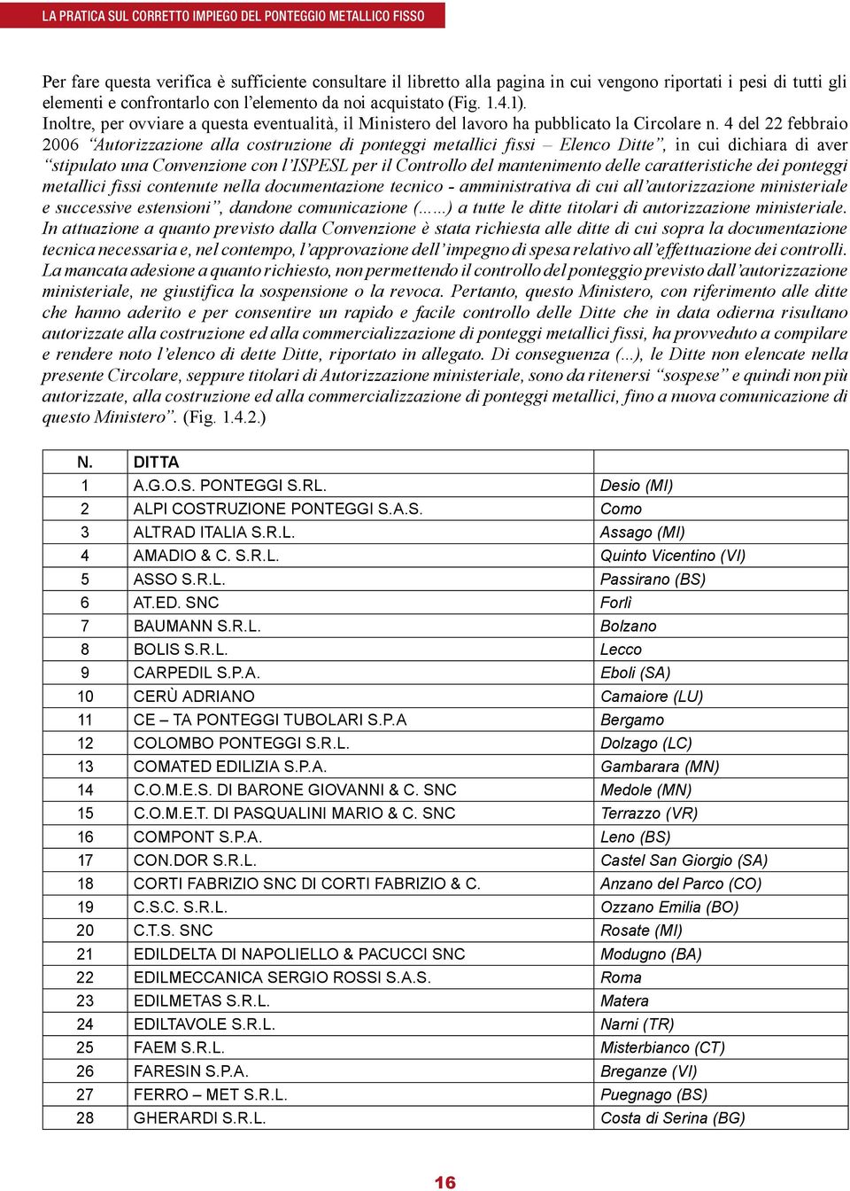 4 del 22 febbraio 2006 Autorizzazione alla costruzione di ponteggi metallici fissi Elenco Ditte, in cui dichiara di aver stipulato una Convenzione con l ISPESL per il Controllo del mantenimento delle