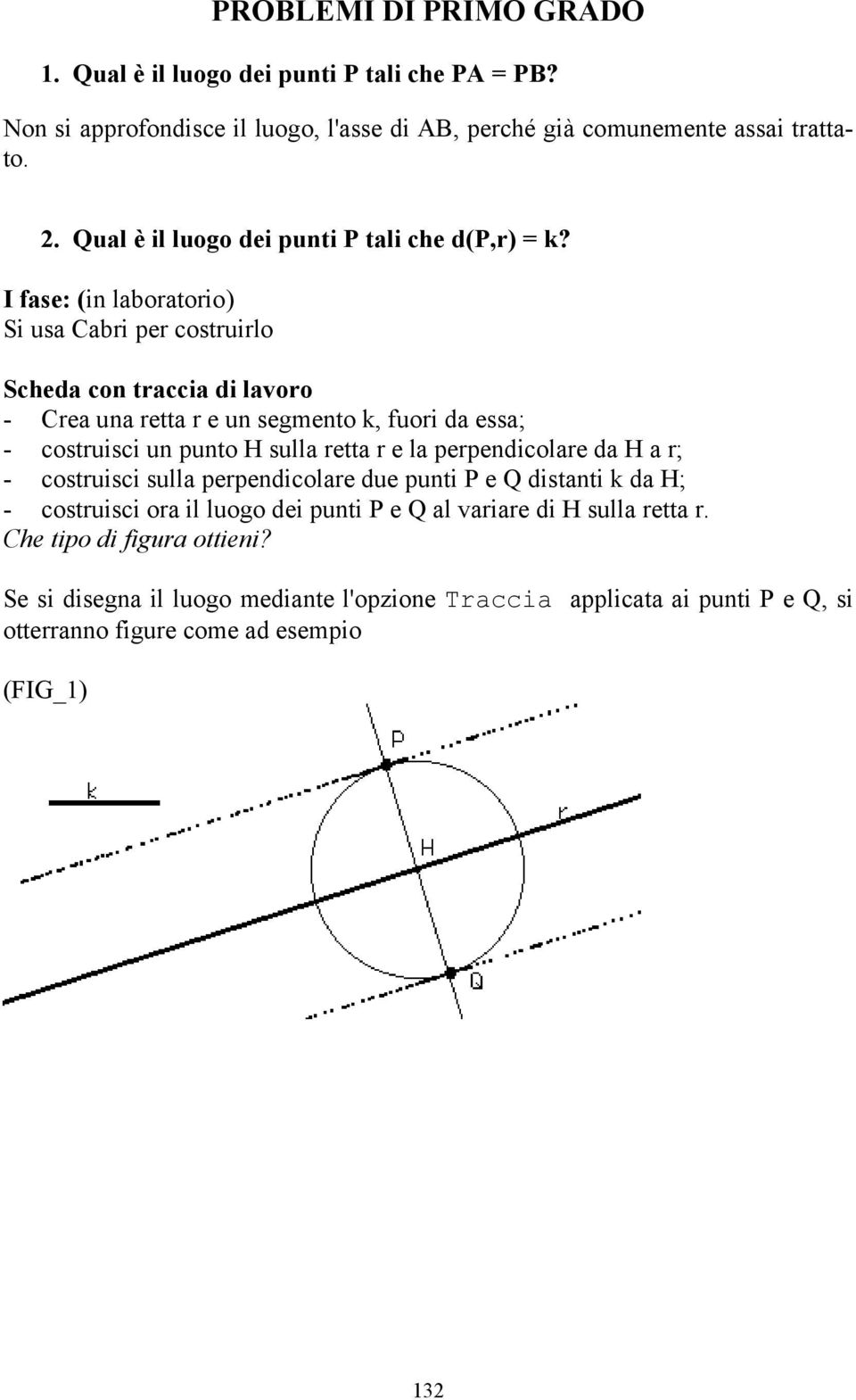 I fase: (in laboratorio) Si usa Cabri per costruirlo Scheda con traccia di lavoro - Crea una retta r e un segmento k, fuori da essa; - costruisci un punto H sulla retta r e la