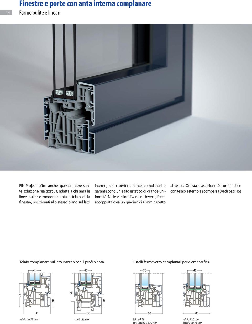 Nelle versioni Twin-line invece, l anta accoppiata crea un gradino di 6 mm rispetto al telaio. Questa esecuzione è combinabile con telaio esterno a scomparsa (vedi pag.