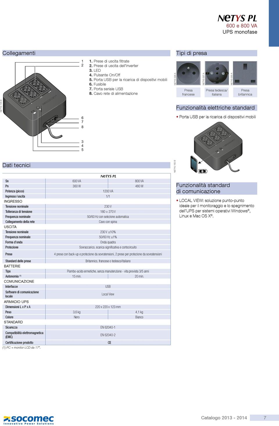 Cavo rete di alimentazione NETYS 0 A Presa francese NETYS 07 A Presa tedesca/ italiana NETYS 0 A Presa britannica NETYS B 7 Funzionalità elettriche standard Porta USB per la ricarica di dispositivi