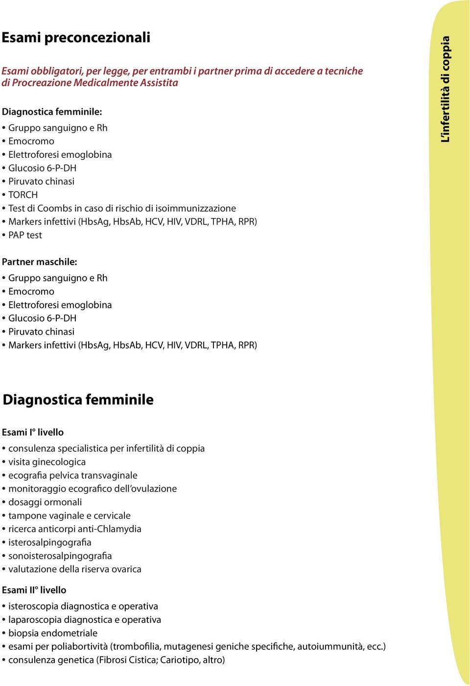 infertilità di coppia Partner maschile: Gruppo sanguigno e Rh Emocromo Elettroforesi emoglobina Glucosio 6-P-DH Piruvato chinasi Markers infettivi (HbsAg, HbsAb, HCV, HIV, VDRL, TPHA, RPR)