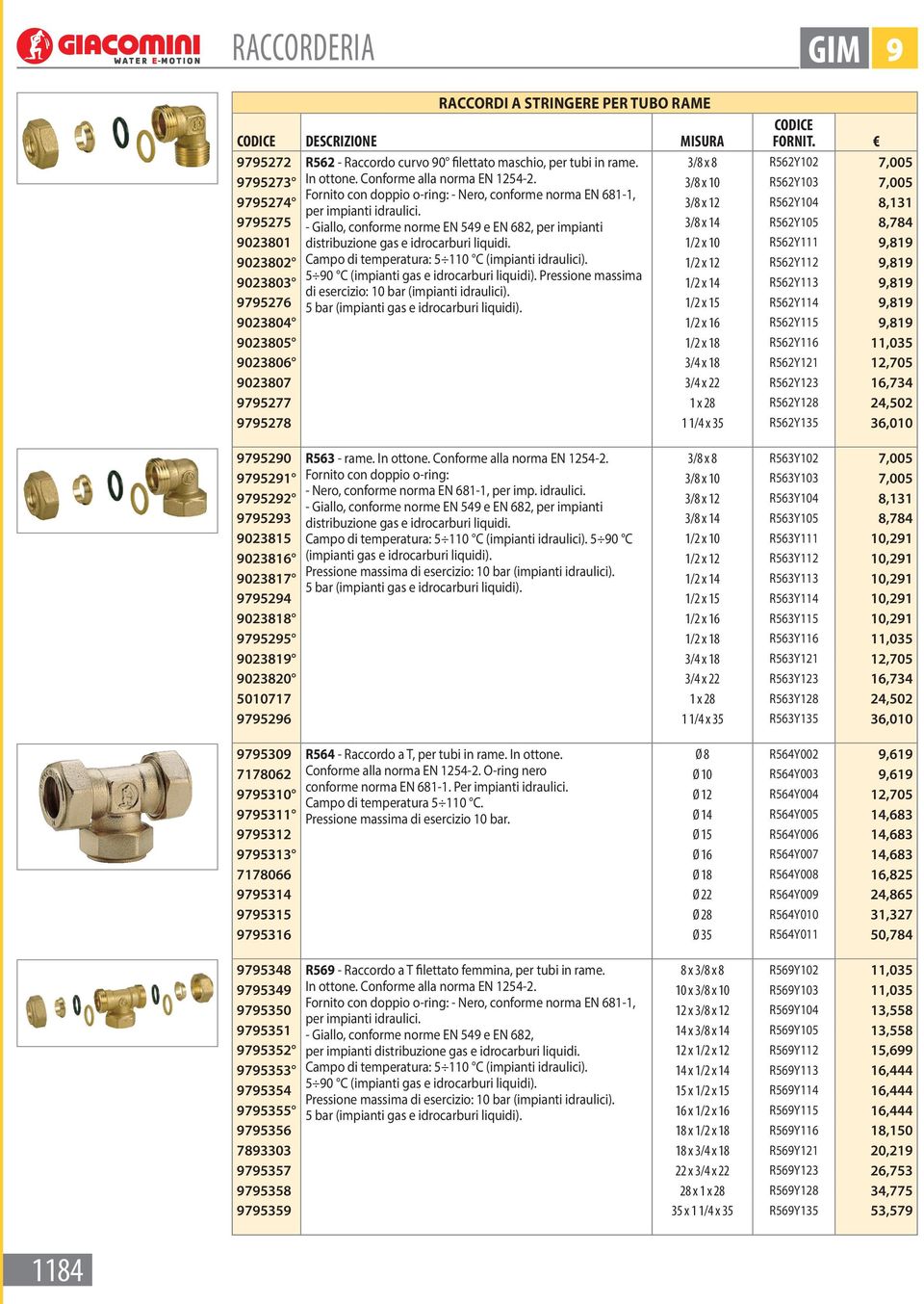 9795275 - Giallo, conforme norme EN 549 e EN 682, per impianti 3/8 x 14 R562Y105 8,784 9023801 distribuzione gas e idrocarburi liquidi.