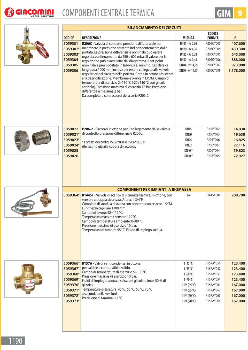 La pressione differenziale nominale può essere 5059303 DN25 - Kv 5,38 R206CY005 645,000 regolata continuamente da 250 a 600 mbar. Il valore per la 5059304 regolazione può essere letto dal diagramma.