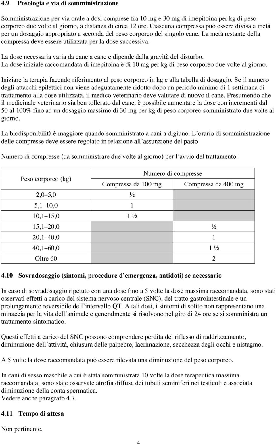 La dose necessaria varia da cane a cane e dipende dalla gravità del disturbo. La dose iniziale raccomandata di imepitoina è di 10 mg per kg di peso corporeo due volte al giorno.