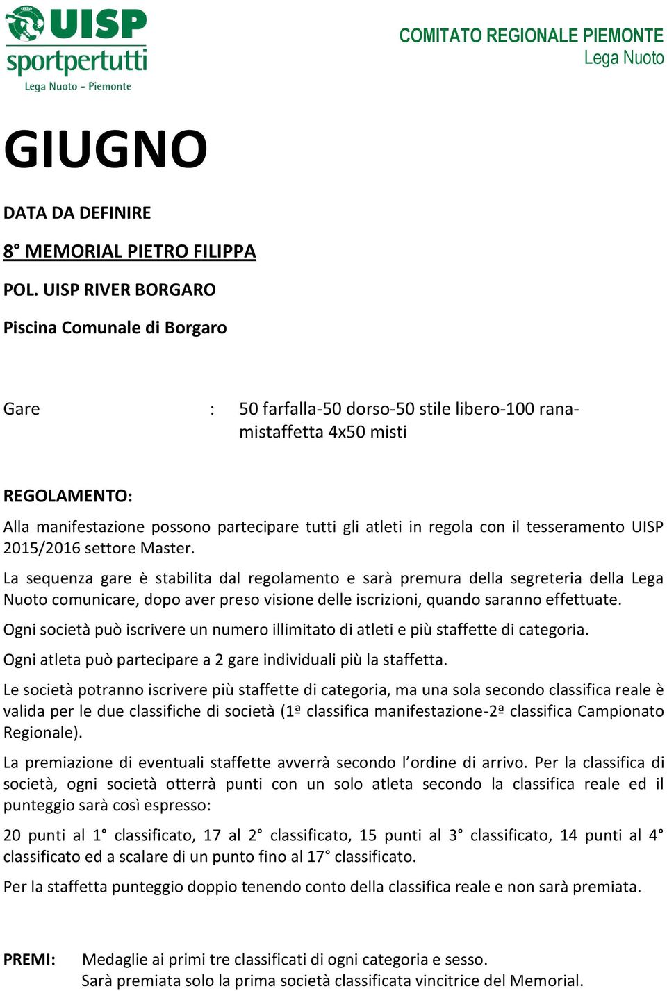 tesseramento UISP 2015/2016 settore Master.