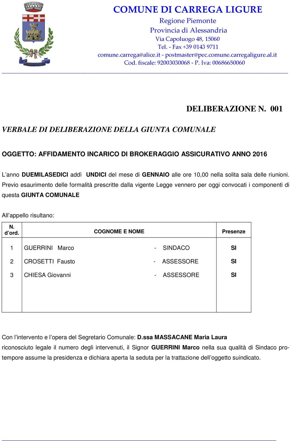 Previo esaurimento delle formalità prescritte dalla vigente Legge vennero per oggi convocati i componenti di questa GIUNTA COMUNALE All appello risultano: N. d ord.