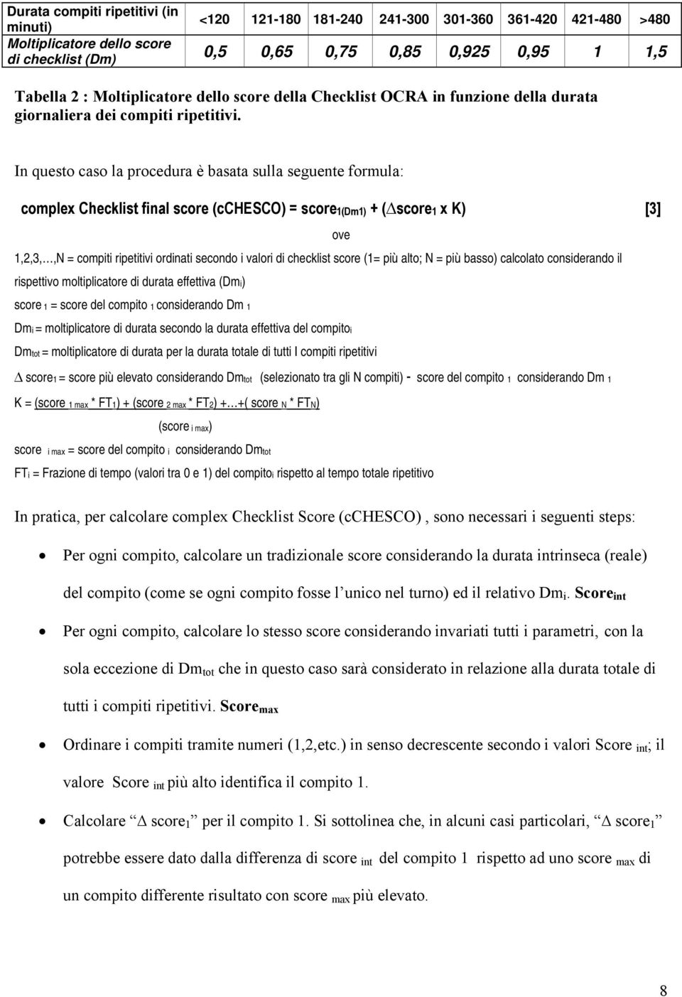 In questo caso la procedura è basata sulla seguente formula: complex Checklist final score (cchesco) = score 1(Dm1) + ( score 1 x K) [3] ove 1,2,3,,N = compiti ripetitivi ordinati secondo i valori di