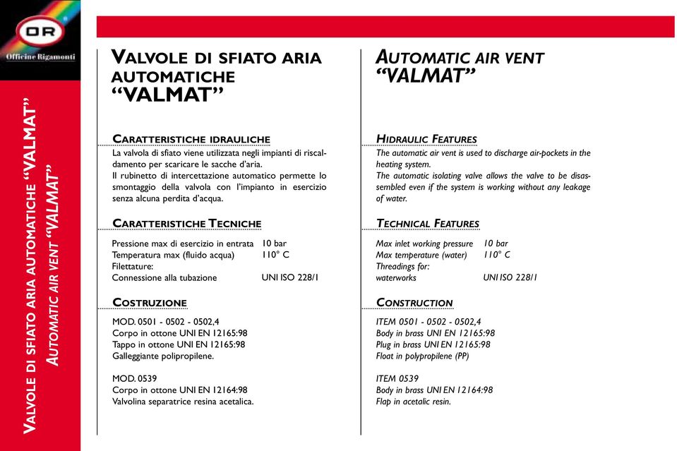 CARATTERISTICHE TECNICHE Pressione max di esercizio in entrata Temperatura max (fluido acqua) Filettature: Connessione alla tubazione COSTRUZIONE MOD.