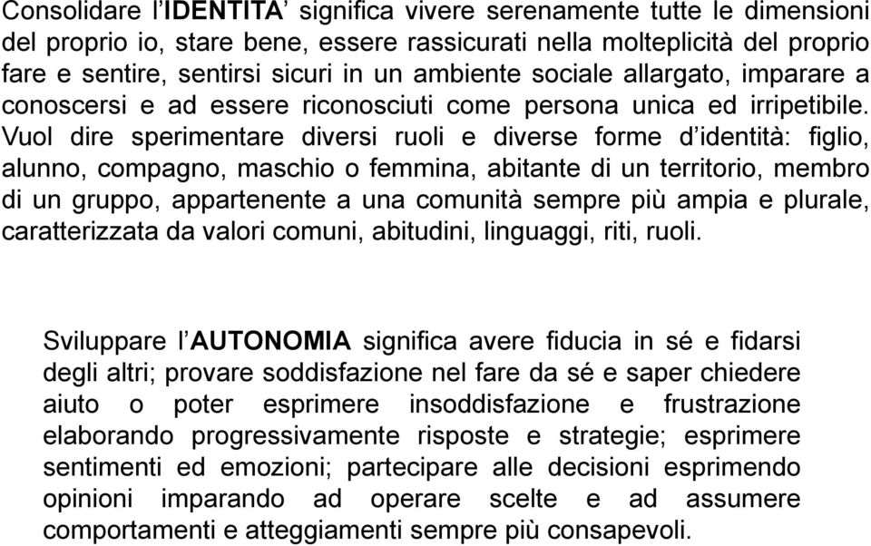 Vuol dire sperimentare diversi ruoli e diverse forme d identità: figlio, alunno, compagno, maschio o femmina, abitante di un territorio, membro di un gruppo, appartenente a una comunità sempre più