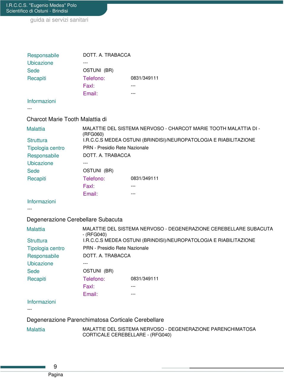 NERVOSO - DEGENERAZIONE CEREBELLARE SUBACUTA - (RFG040) PRN - Presidio Rete Nazionale Degenerazione