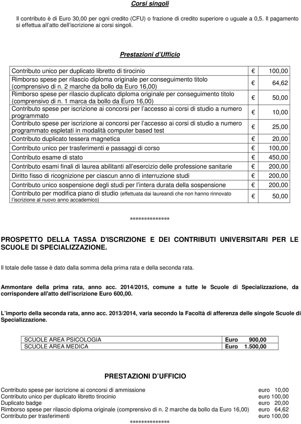 2 marche da bollo da Euro 16,00) 64,62 Rimborso spese per rilascio duplicato diploma originale per conseguimento titolo (comprensivo di n.