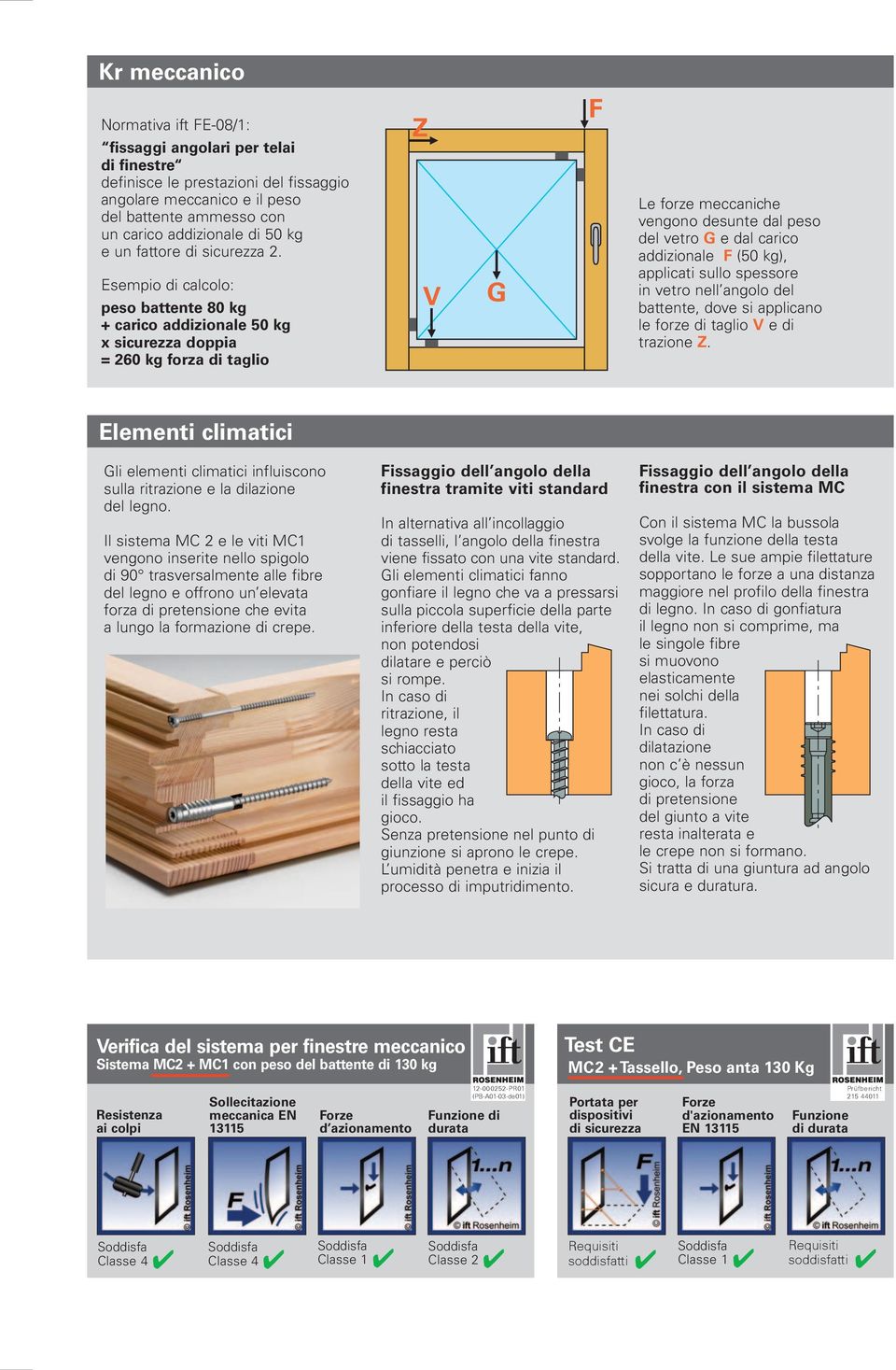 Esempio di calcolo: peso battente 80 kg + carico addizionale 50 kg x sicurezza doppia = 260 kg forza di taglio Le forze meccaniche vengono desunte dal peso del vetro G e dal carico addizionale F (50