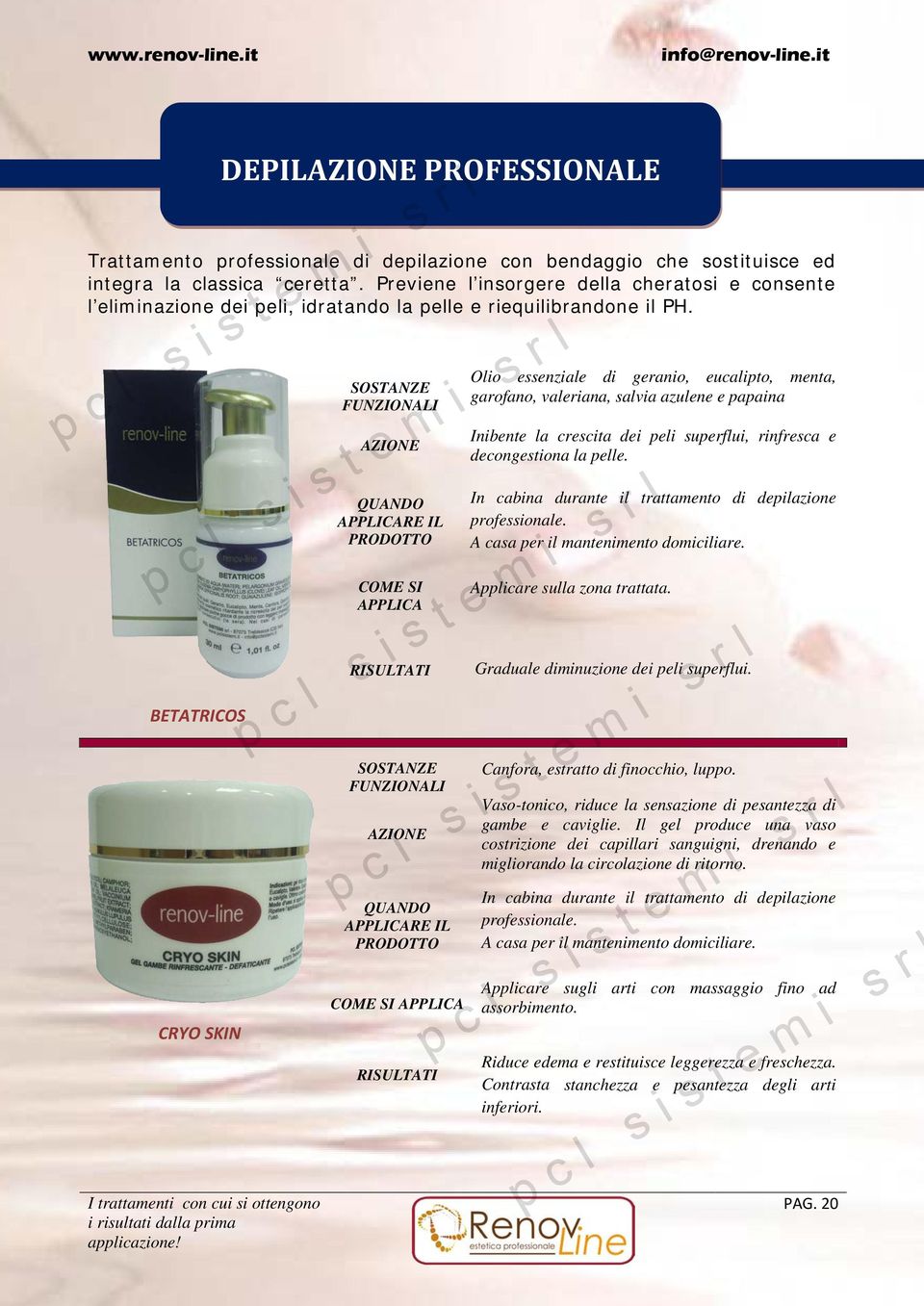 BETATRICOS CRYO SKIN DEPIL PROFESSIONALE Olio essenziale di geranio, eucalipto, menta, garofano, valeriana, salvia azulene e papaina Inibente la crescita dei peli superflui, rinfresca e decongestiona