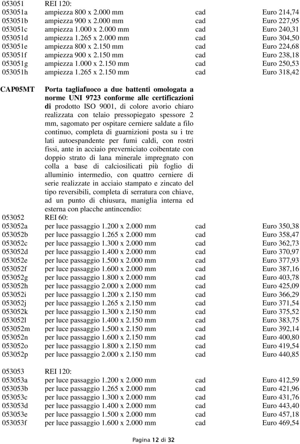 150 mm cad Euro 318,42 CAP05MT Porta tagliafuoco a due battenti omologata a norme UNI 9723 conforme alle certificazioni di prodotto ISO 9001, di colore avorio chiaro realizzata con telaio