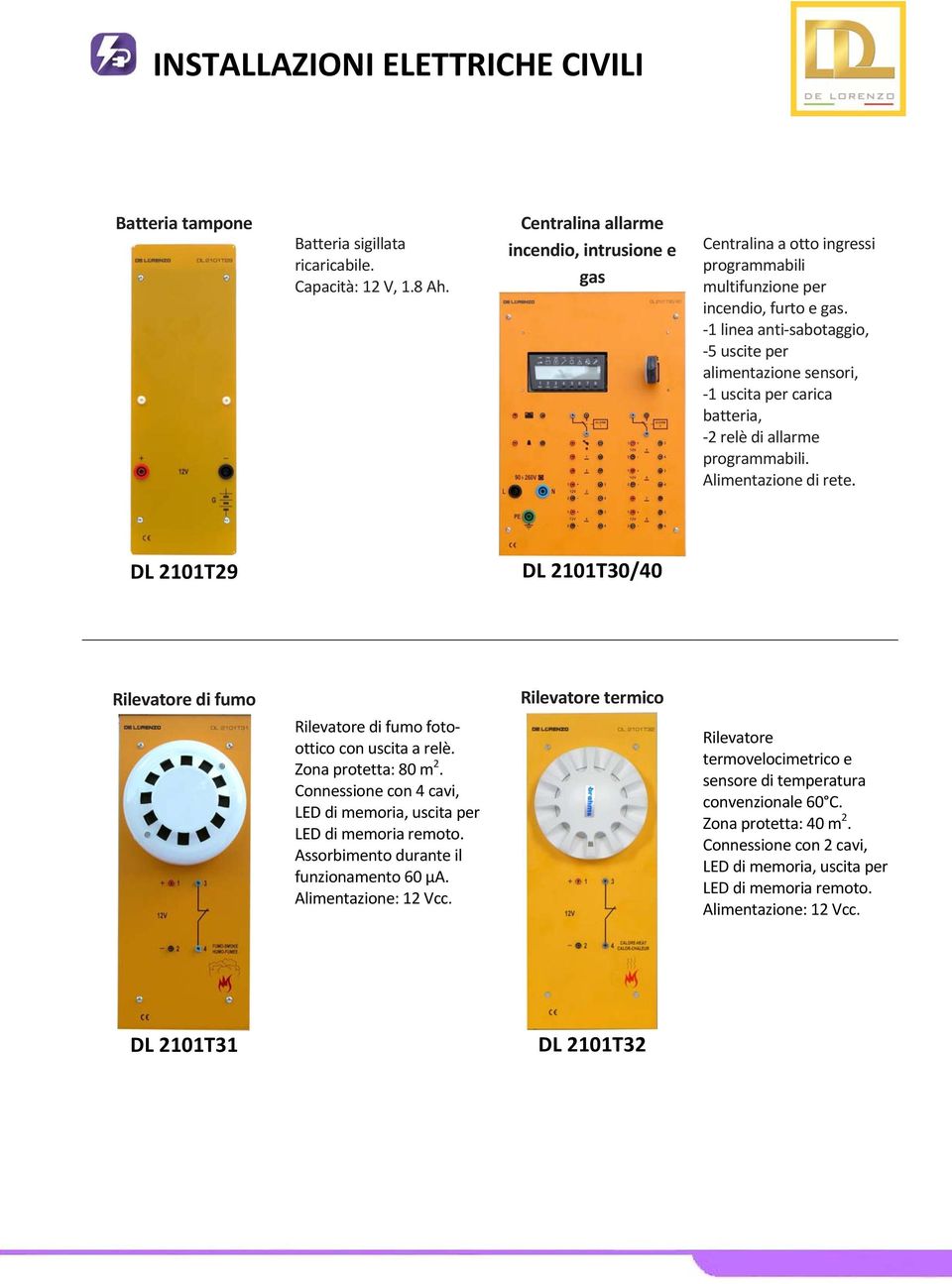 1 linea anti sabotaggio, 5 uscite per alimentazione sensori, 1 uscita per carica batteria, 2 relè di allarme programmabili. Alimentazione di rete.