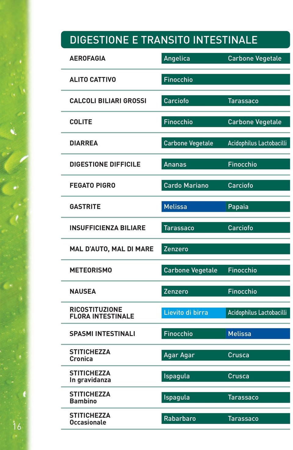 MAL D AUTO, MAL DI MARE Zenzero METEORISMO Carbone Vegetale Finocchio NAUSEA Zenzero Finocchio RICOSTITUZIONE FLORA INTESTINALE Lievito di birra Acidophilus Lactobacilli SPASMI