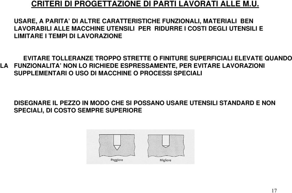 UTENSILI E LIMITARE I TEMPI DI LAVORAZIONE EVITARE TOLLERANZE TROPPO STRETTE O FINITURE SUPERFICIALI ELEVATE QUANDO LA FUNZIONALITA