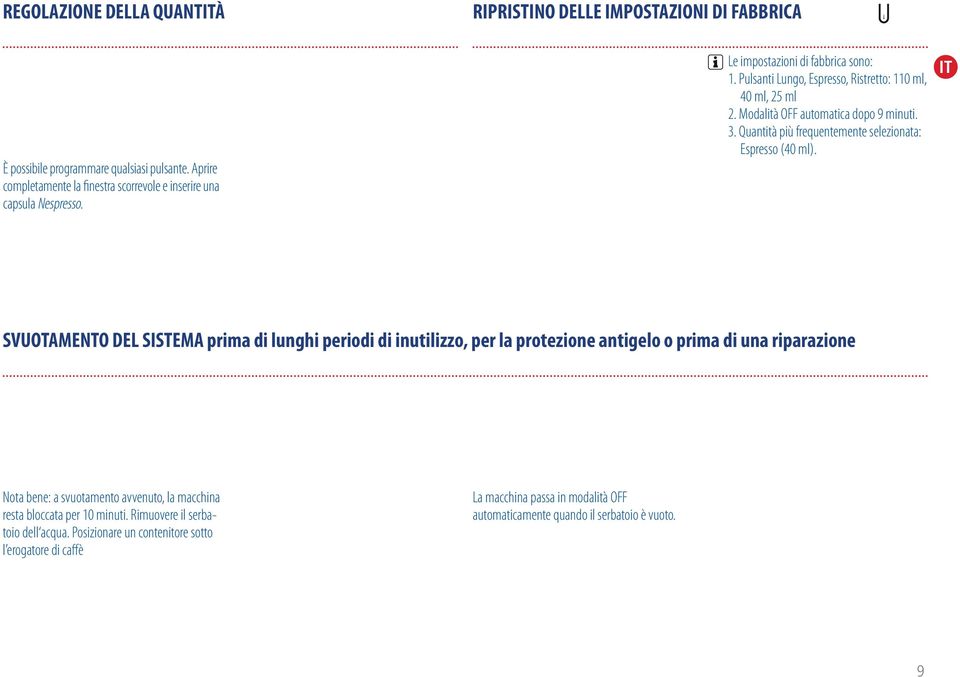 La quantità di acqua è ora memorizzata nel pulsante scelto durante la programmazione. >4 sec Tenere premuti i pulsanti Espresso e Lungo per almeno 4 secondi. L altro pulsante lampeggia per conferma.