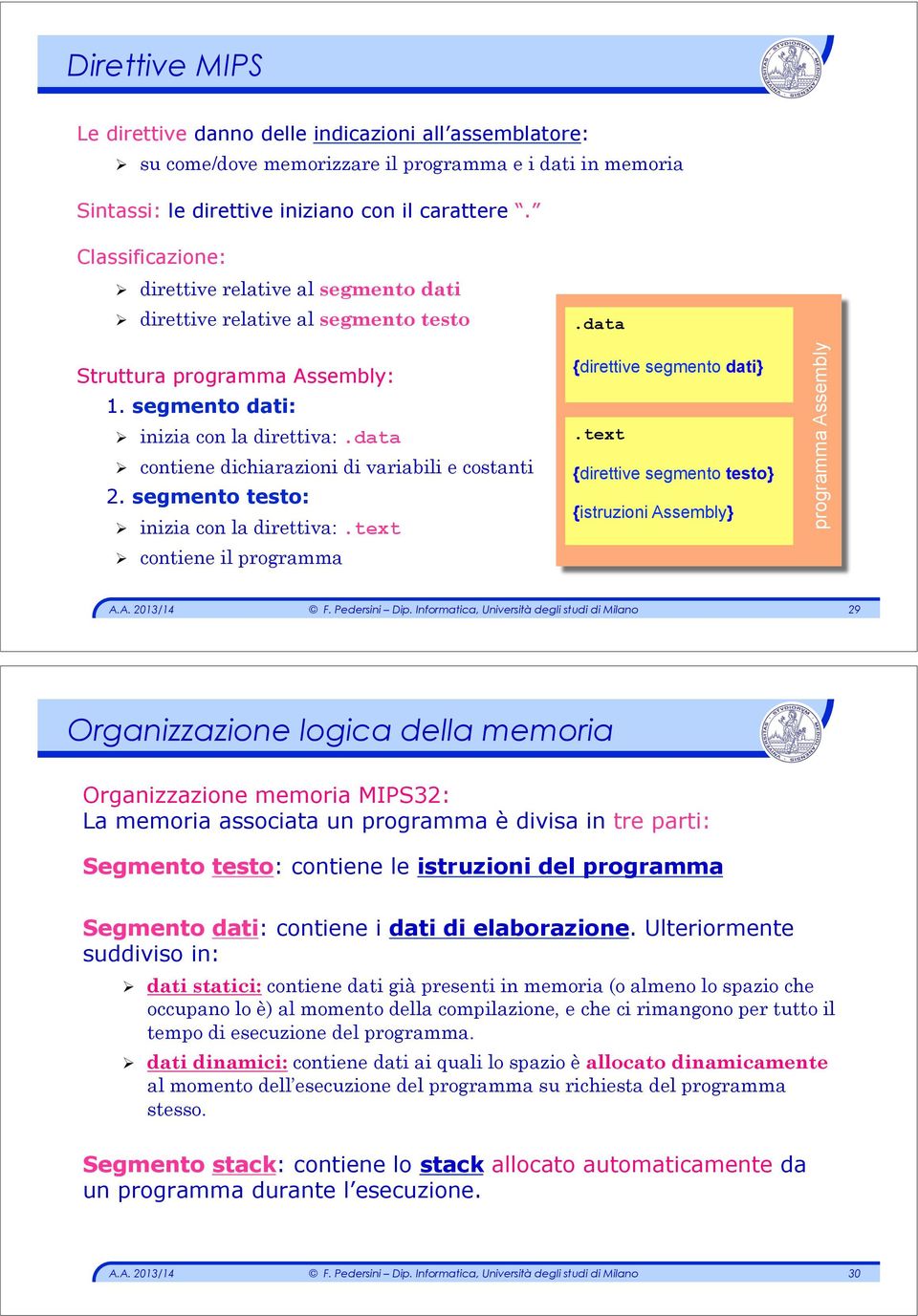 data " contiene dichiarazioni di variabili e costanti 2. segmento testo: " inizia con la direttiva:.text " contiene il programma.data {direttive segmento dati}.