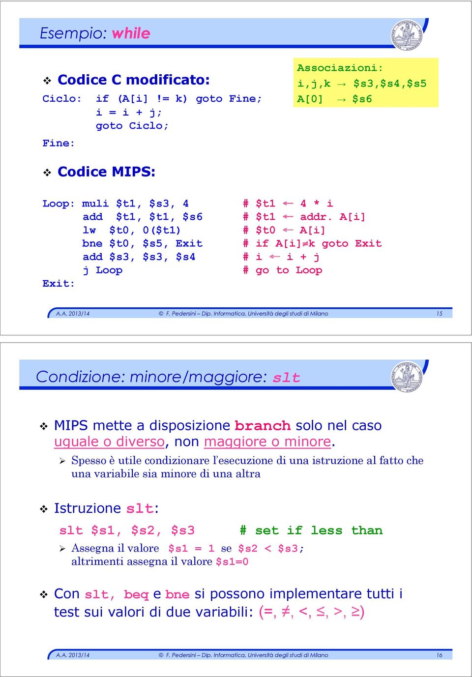 A[i] lw $t0, 0($t1) # $t0 A[i] bne $t0, $s5, Exit # if A[i] k goto Exit add $s3, $s3, $s4 # i i + j j Loop # go to Loop Exit: 15 Condizione: minore/maggiore: slt!