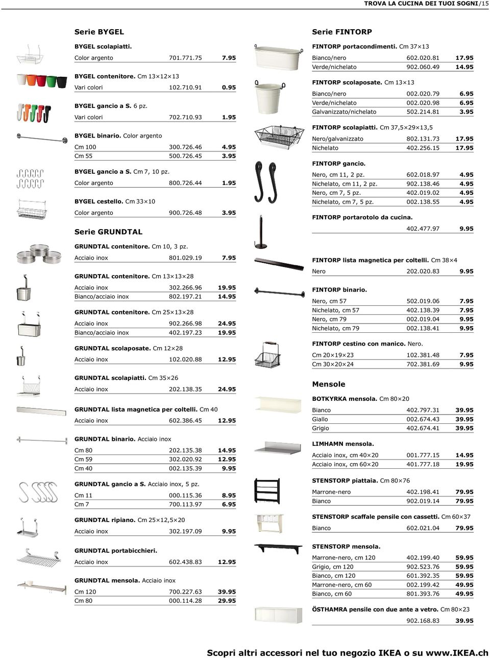 95 Serie GRUNDTAL Serie FINTORP FINTORP portacondimenti. Cm 37 13 Bianco/nero 602.020.81 17.95 Verde/nichelato 902.060.49 14.95 FINTORP scolaposate. Cm 13 13 Bianco/nero 002.020.79 6.