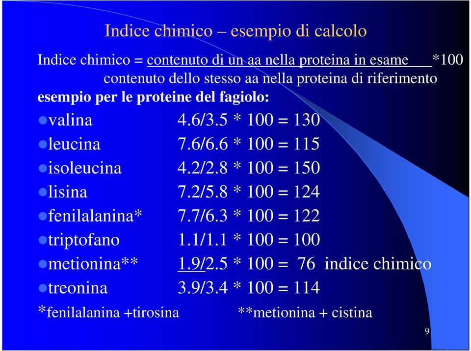 6 * 100 = 115 isoleucina 4.2/2.8 * 100 = 150 lisina 7.2/5.8 * 100 = 124 fenilalanina* 7.7/6.3 * 100 = 122 triptofano 1.1/1.