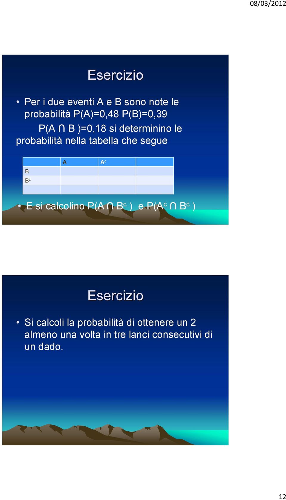 A c E si calcolino P(A B c ) e P(A c B c ) Si calcoli la probabilità di