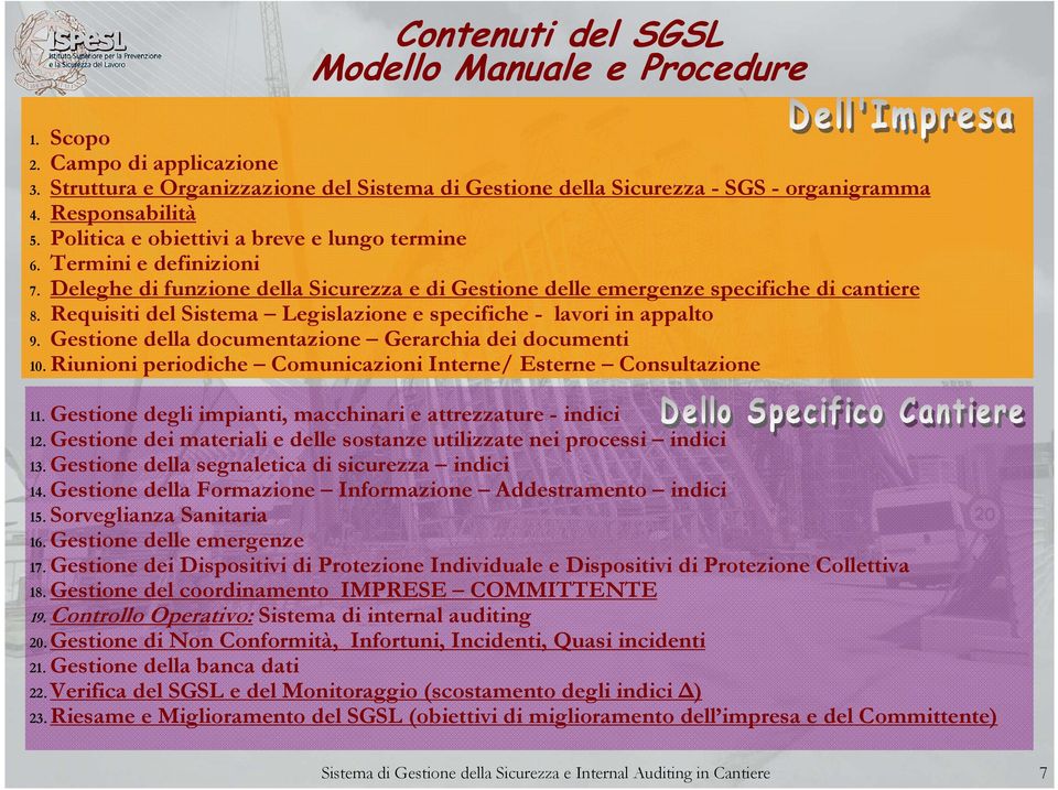 Requisiti del Sistema Legislazione e specifiche - lavori in appalto 9. Gestione della documentazione Gerarchia dei documenti 10. Riunioni periodiche Comunicazioni Interne/ Esterne Consultazione 11.