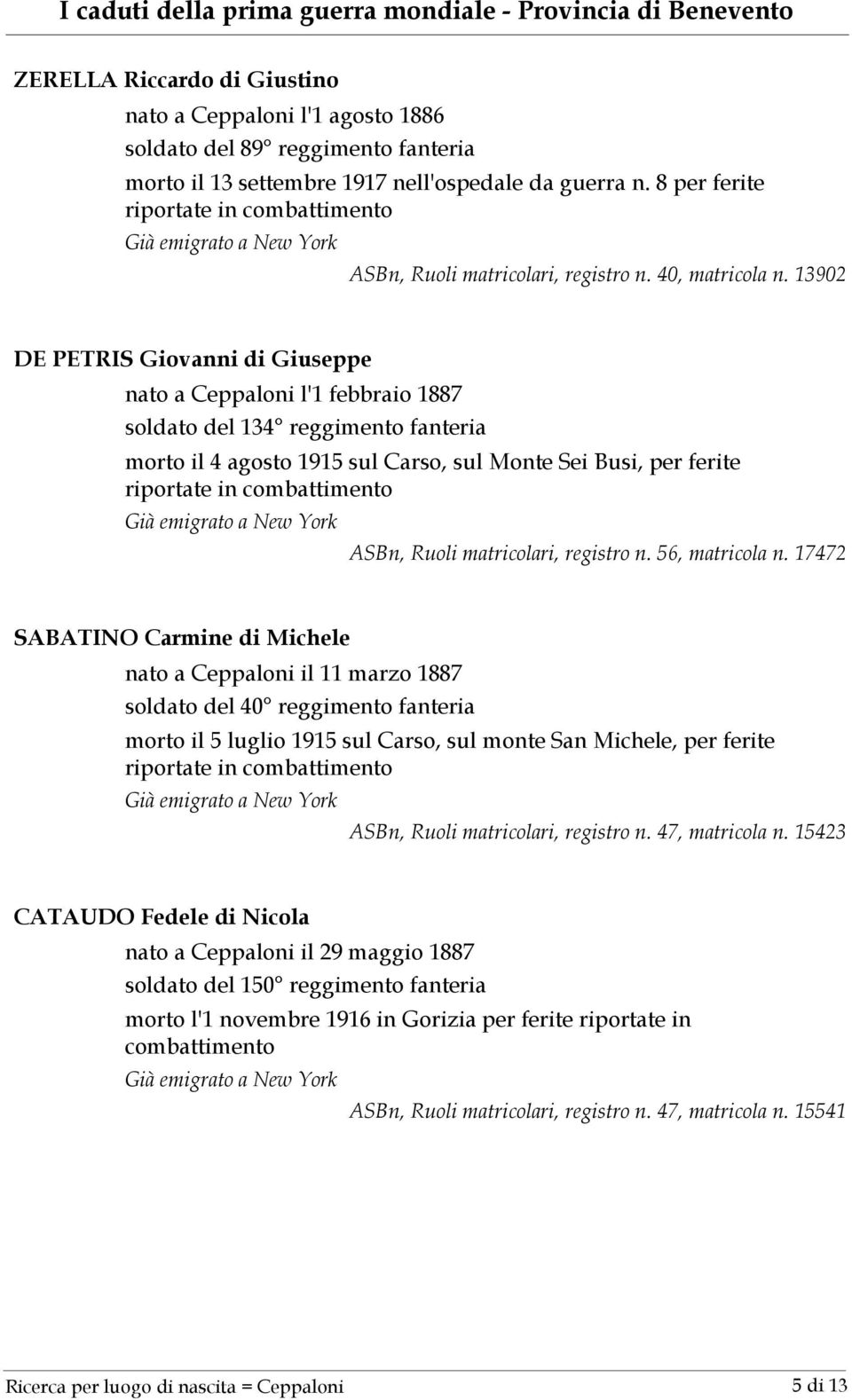 13902 DE PETRIS Giovanni di Giuseppe nato a Ceppaloni l'1 febbraio 1887 soldato del 134 reggimento fanteria morto il 4 agosto 1915 sul Carso, sul Monte Sei Busi, per ferite riportate in ASBn, Ruoli