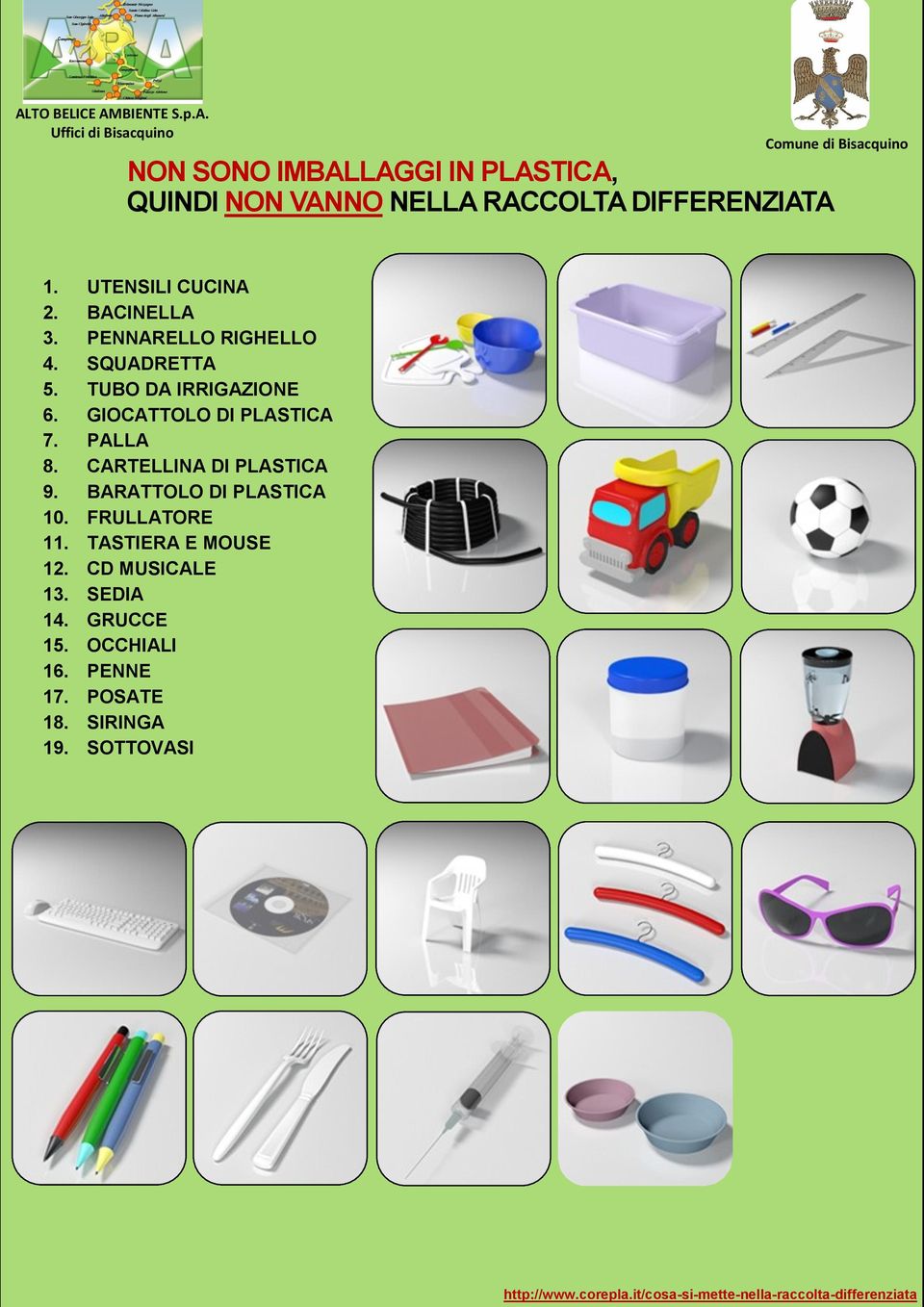 PALLA 8. CARTELLINA DI PLASTICA 9. BARATTOLO DI PLASTICA 10. FRULLATORE 11. TASTIERA E MOUSE 12. CD MUSICALE 13.