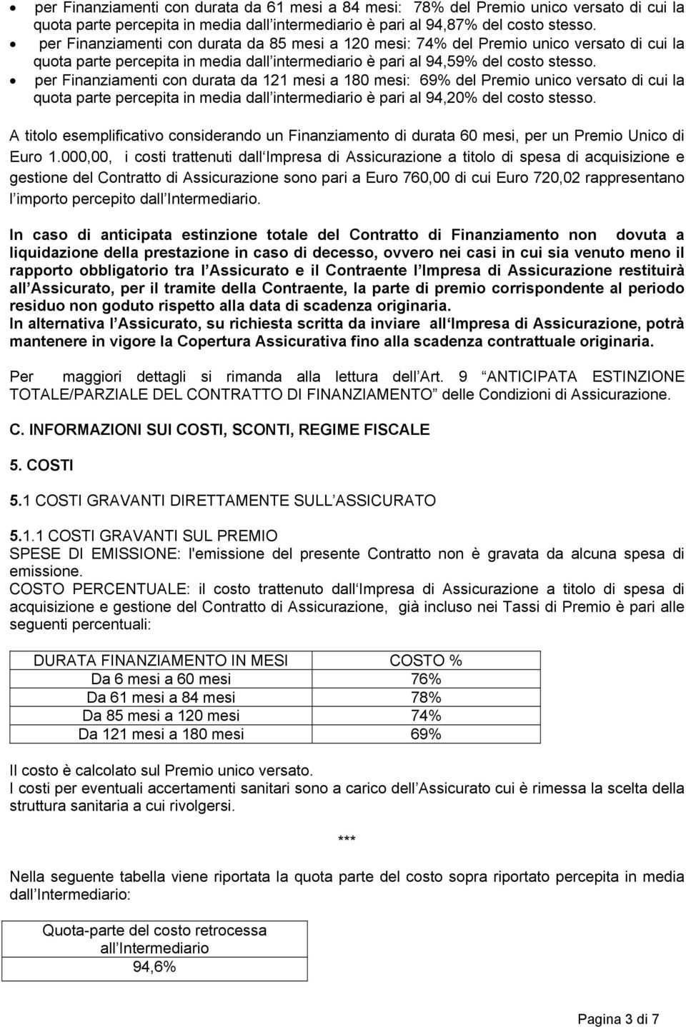 per Finanziamenti con durata da 121 mesi a 180 mesi: 69% del Premio unico versato di cui la quota parte percepita in media dall intermediario è pari al 94,20% del costo stesso.