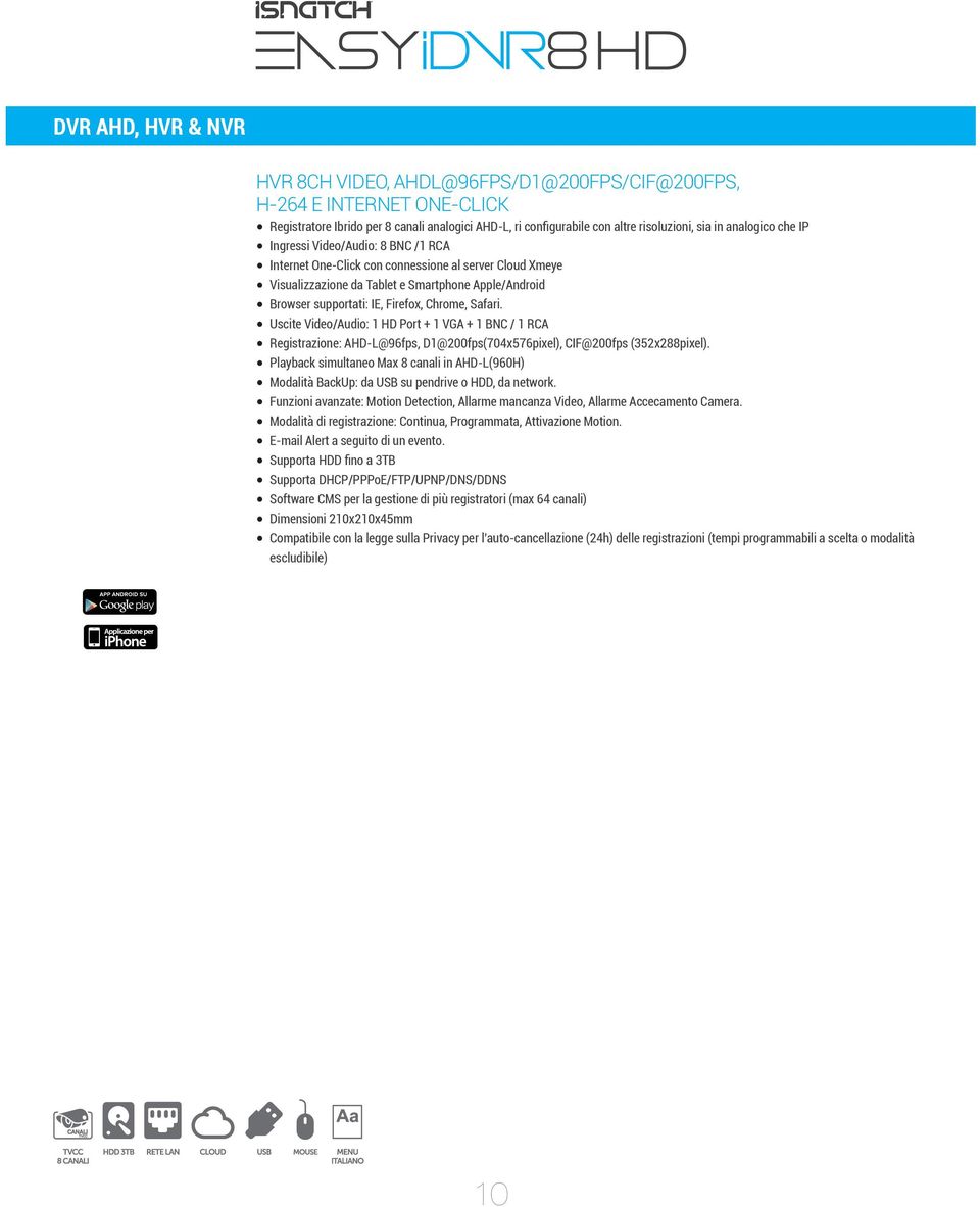 che IP Ingressi Video/Audio: 8 BNC /1 RCA Internet One-Click con connessione al server Cloud Xmeye Visualizzazione da Tablet e Smartphone Apple/Android Browser supportati: IE, Firefox, Chrome, Safari.