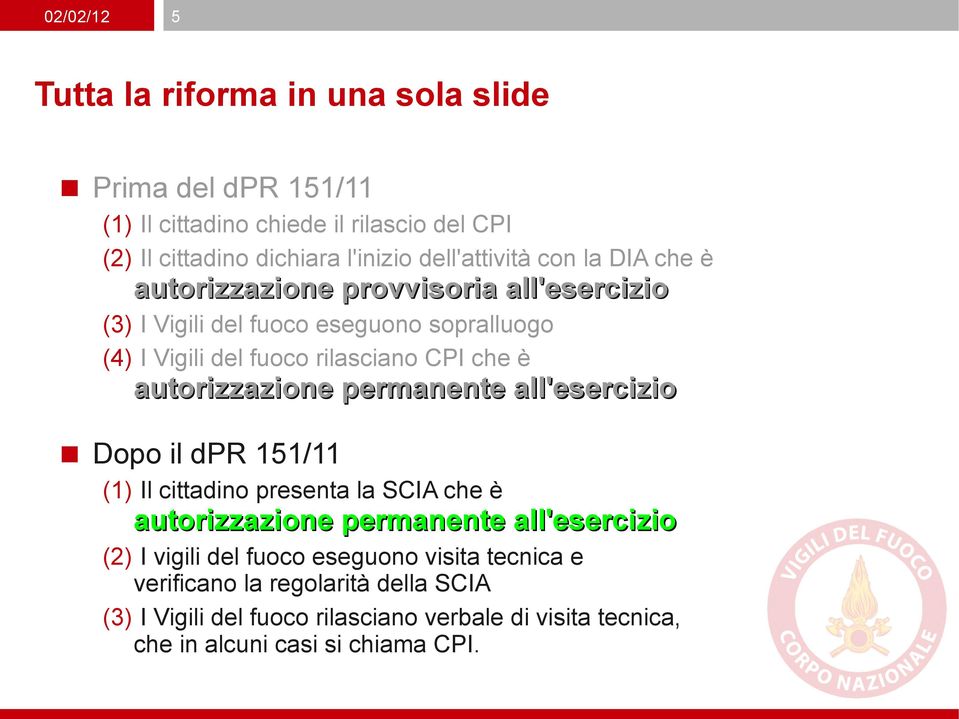 che è autorizzazione permanente all'esercizio Dopo il dpr 151/11 (1) Il cittadino presenta la SCIA che è autorizzazione permanente all'esercizio (2) I