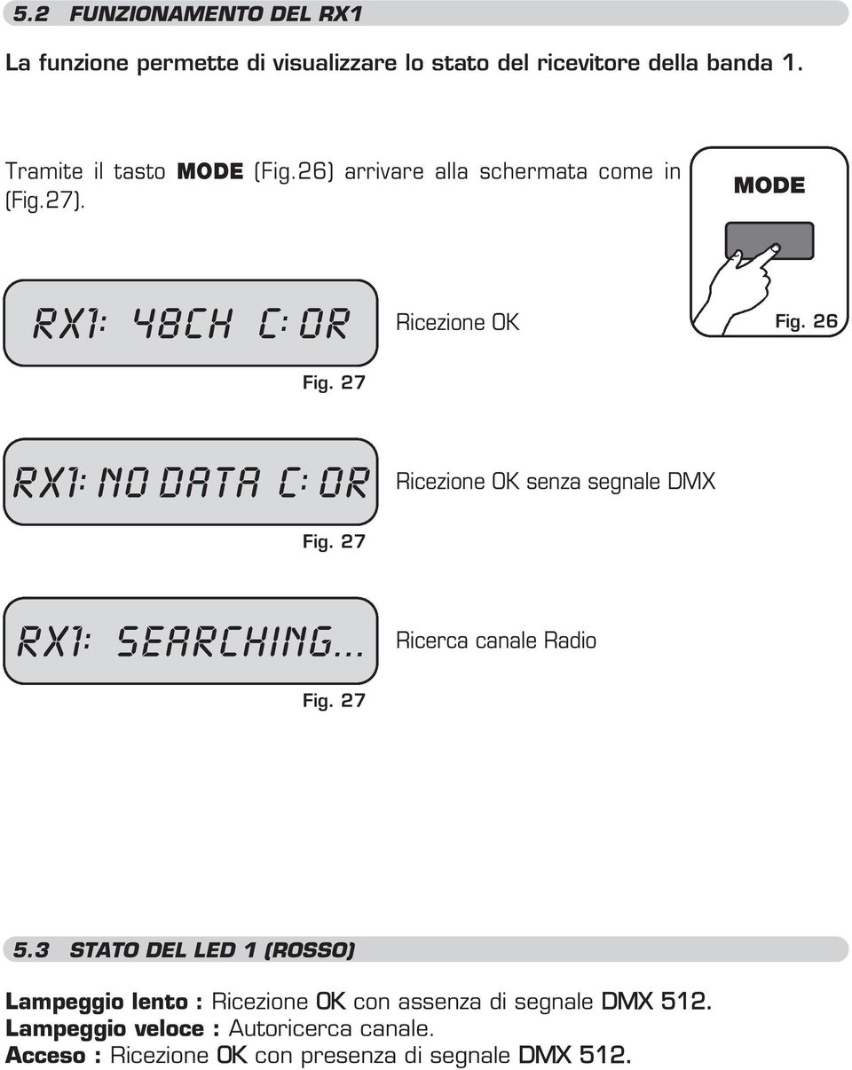 27 Ricezione OK senza segnale DMX rx1: searching... Fig. 27 Ricerca canale Radio 5.