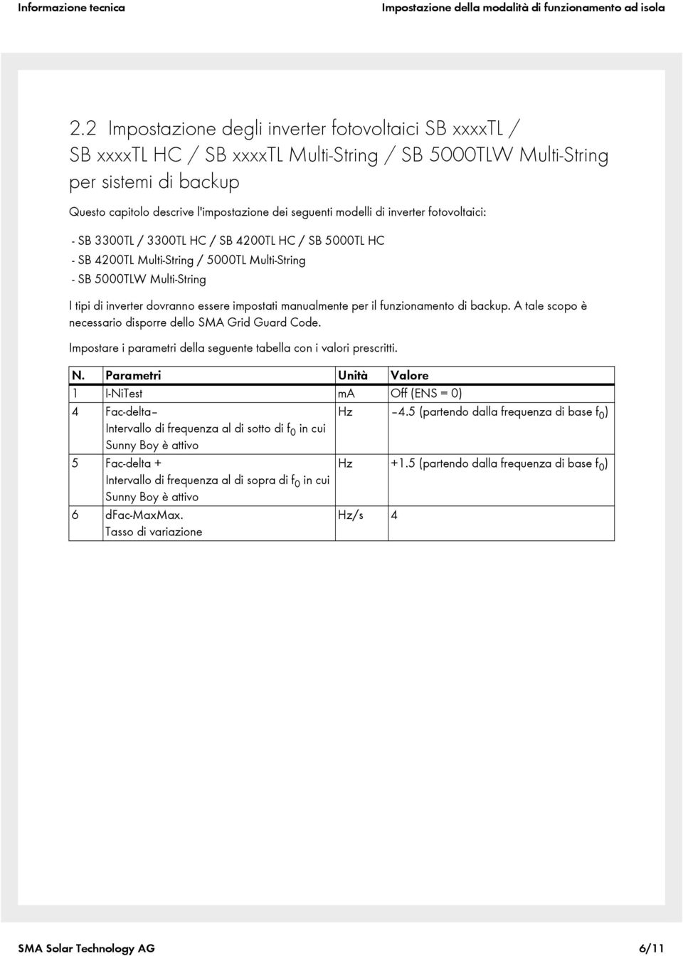 inverter fotovoltaici: - SB 3300TL / 3300TL HC / SB 4200TL HC / SB 5000TL HC - SB 4200TL Multi-String / 5000TL Multi-String - SB 5000TLW Multi-String I tipi di inverter dovranno essere impostati