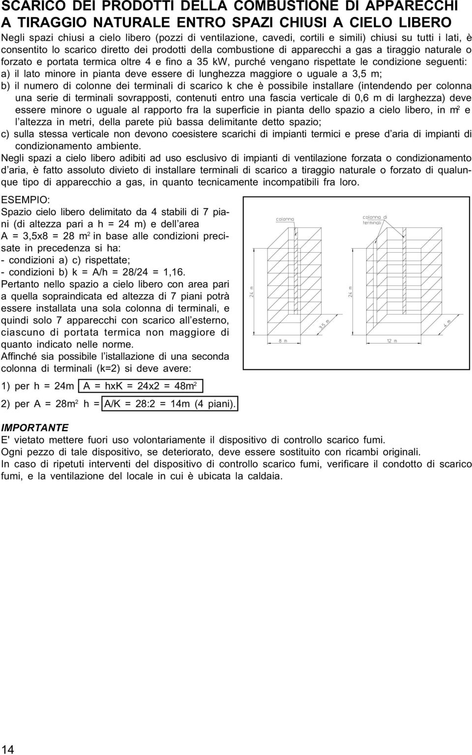 le condizione seguenti: a) il lato minore in pianta deve essere di lunghezza maggiore o uguale a 3,5 m; b) il numero di colonne dei terminali di scarico k che è possibile installare (intendendo per