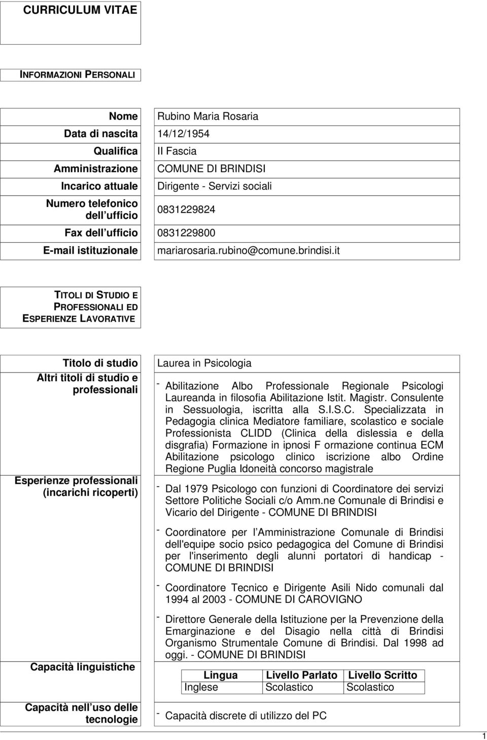 it TITOLI DI STUDIO E PROFESSIONALI ED ESPERIENZE LAVORATIVE Titolo di studio Altri titoli di studio e professionali Esperienze professionali (incarichi ricoperti) Laurea in Psicologia - Abilitazione