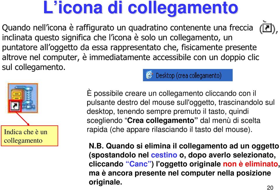 Indica che è un collegamento È possibile creare un collegamento cliccando con il pulsante destro del mouse sull'oggetto, trascinandolo sul desktop, tenendo sempre premuto il tasto, quindi scegliendo