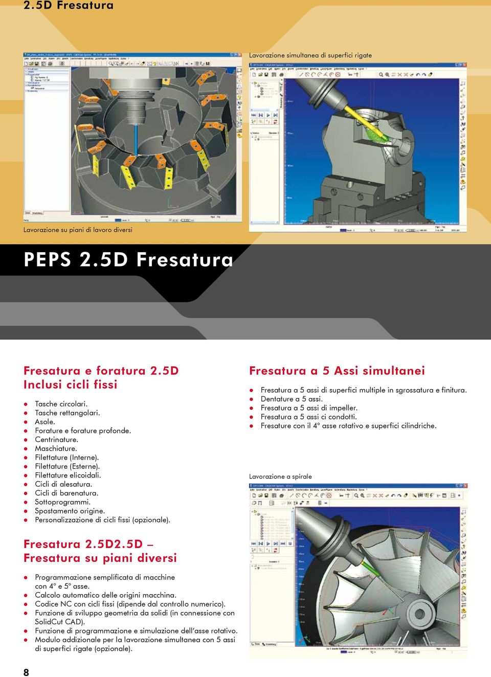 Sottoprogrammi. Spostamento origine. Personalizzazione di cicli fissi (opzionale). Fresatura a 5 Assi simultanei Fresatura a 5 assi di superfici multiple in sgrossatura e finitura. Dentature a 5 assi.