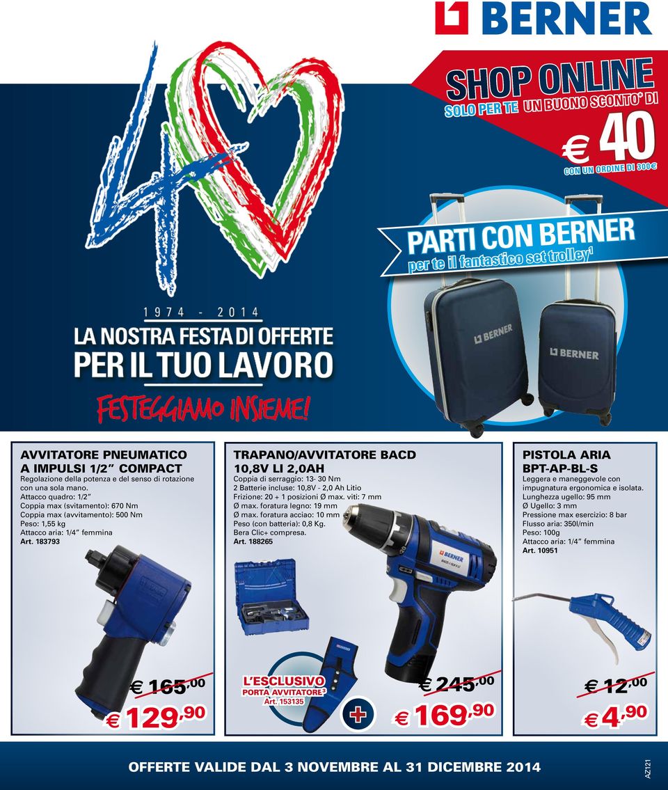 183793 TRAPANO/AVVITATORE BACD 10,8V LI 2,0AH Coppia di serraggio: 13-30 Nm 2 Batterie incluse: 10,8V - 2,0 Ah Litio Frizione: 20 1 posizioni Ø max. viti: 7 mm Ø max. foratura legno: 19 mm Ø max.