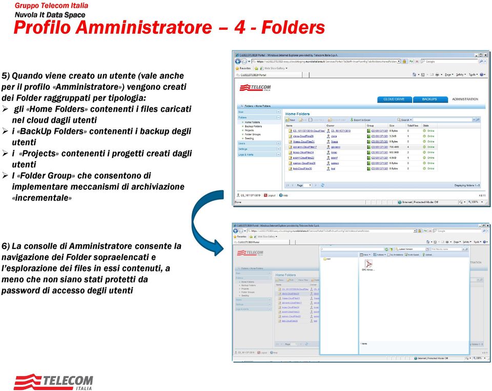 progetti creati dagli utenti I «Folder Group» che consentono di implementare meccanismi di archiviazione «incrementale» 6) La consolle di Amministratore