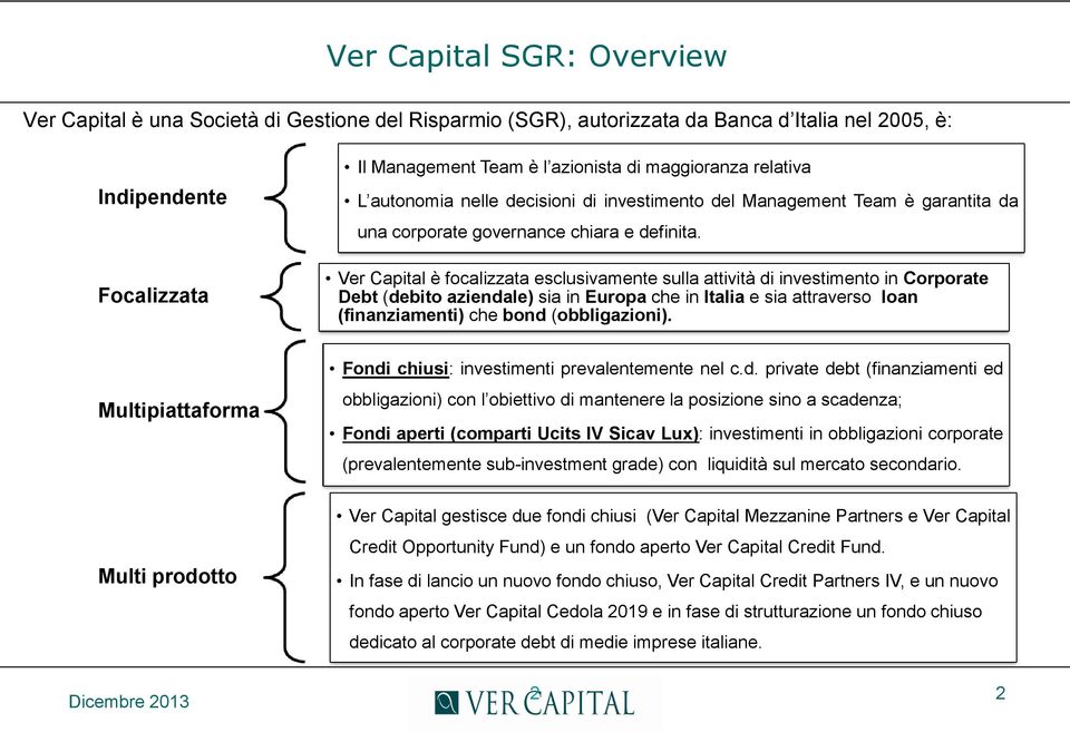 Ver Capital è focalizzata esclusivamente sulla attività di investimento in Corporate Debt (debito aziendale) sia in Europa che in Italia e sia attraverso loan (finanziamenti) che bond (obbligazioni).